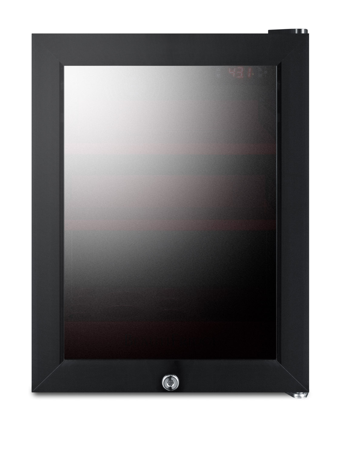BeautiFridge compact cosmetics cooler with mirror-tinted glass door, black cabinet, lock, glossy ruby-colored shelves, and digital controls set for the storage of beauty products